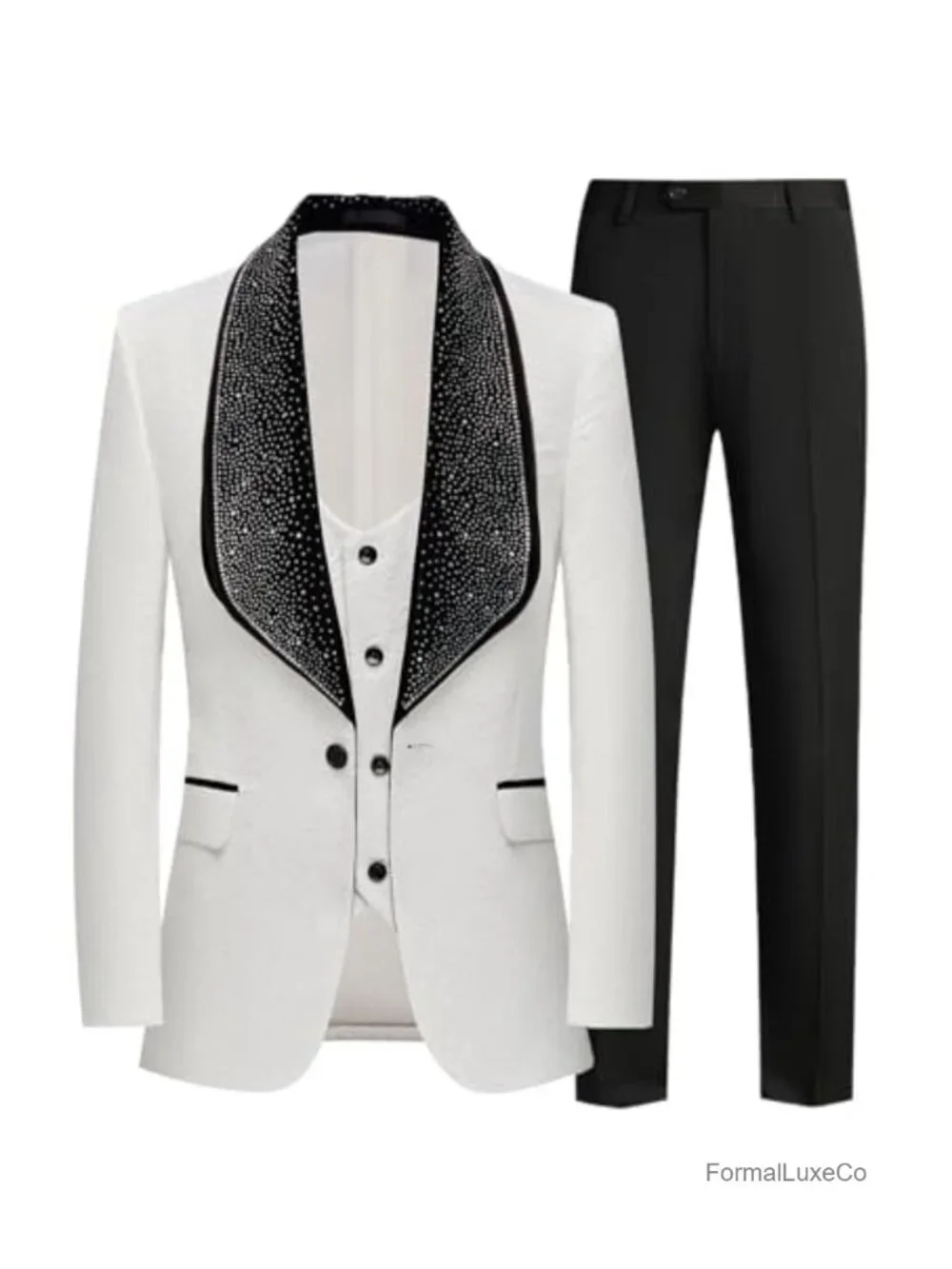 3 Piece Jacquard Tuxedo Suit with Rhinestone Lapel for Men Wedding Prom